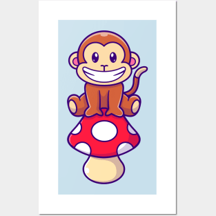 Cute Monkey Sitting On Mushroom Cartoon Posters and Art